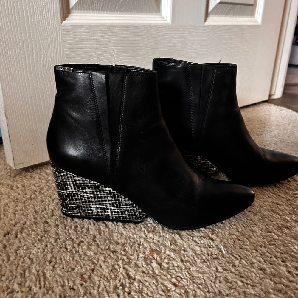 Calvin Klein Celine Black Ankle Boots with Wedge Heel and Pointed Toe